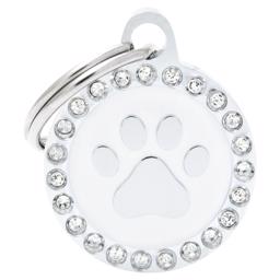 My Family Dog Tag Glam Small White/Silver Circle with Paw and Stone